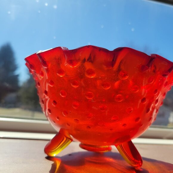 Vintage Fenton Red Glass Hobnail Footed Bowl With Ruffled Edge - Picture 1 of 6